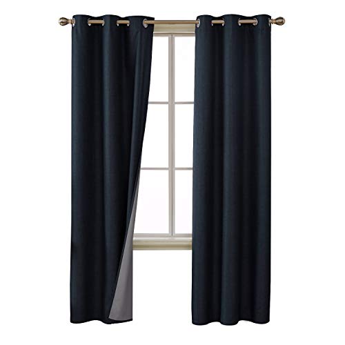 Deconovo 100% Blackout Curtains with 3 Pass, Energy Efficient Thermal Insulated Coating Bedroom Curtains, Faux Linen Room Darkening Curtains for Living Room (Navy Blue, 42x84 Inch, 2 Panels)