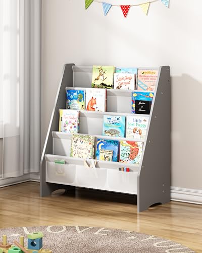 4-Tier Kids Bookshelf with Oxford Fabric Slings, Grey Toddler Book Rack
