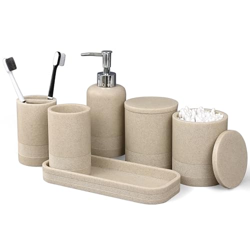 6-Piece Resin Bathroom Accessory Set, Stone Texture Organizer, Beige