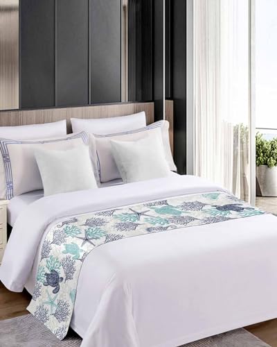 Coastal Sea Turtle Bed Runner for Full/Queen Bed - 83x20 Satin Bed Scarf