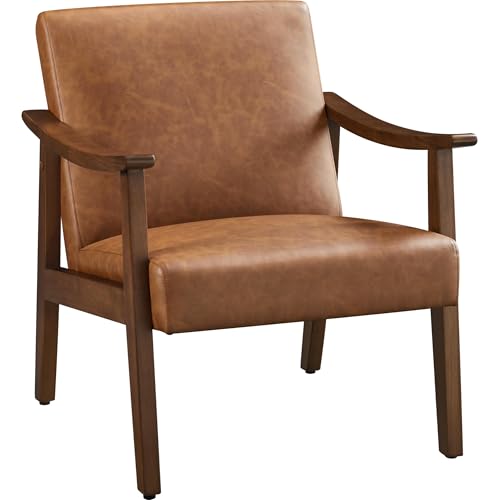 Mid-Century Modern Accent Chair with Brown Faux Leather and Wood Legs