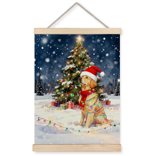 XUNLURY Christmas Tree Wall Art - Golden Retriever Canvas Poster, Snowy Winter Night, 12x16 Inch, Color-5