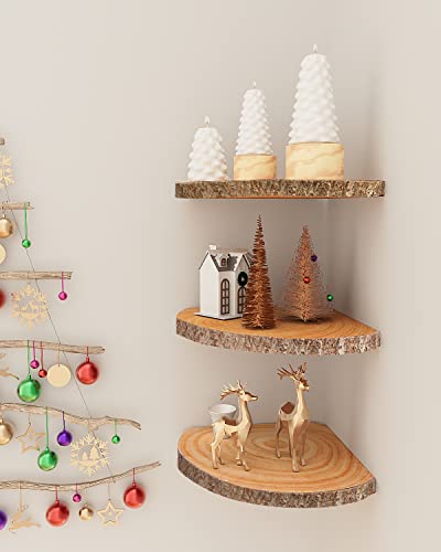 3-Piece Rustic Solid Wood Corner Floating Shelves, Farmhouse Wall Decor