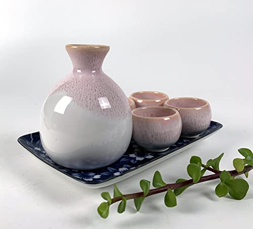 Pink Cherry Blossom Japanese Sake Set - Porcelain Decanter & Cups Gift Set, Made in Japan