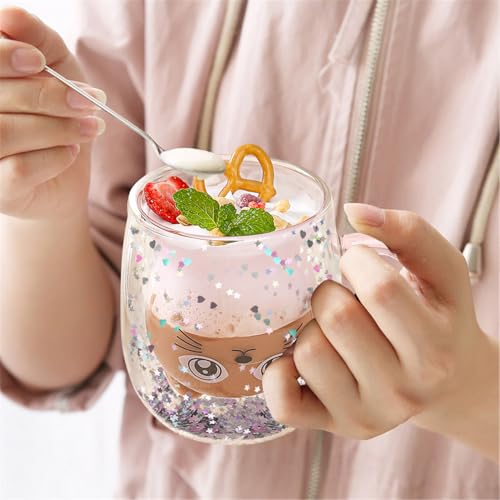 Binoster Glittery Pink Cat Double-Walled Coffee Glass - 230ml-280ml Gift Mug