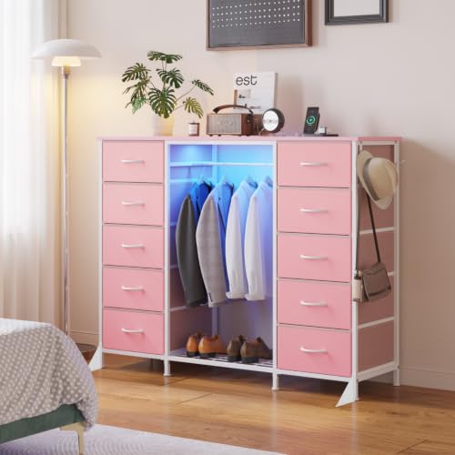 55-Inch Dresser with 10 Fabric Drawers, Hanging Rack, LED Lights & Charging