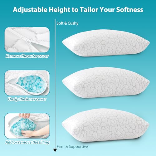 Cooling Memory Foam Pillows Queen Size Set of 2 | Adjustable Firm Support for Neck Pain Relief