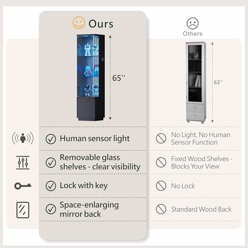 65" Lockable Glass Display Cabinet with 3-Color Sensor LED Lights