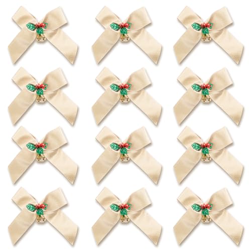 Hisgeru 12 Pcs Champagne Christmas Ribbon Bows with Bells - Small Holiday Decor