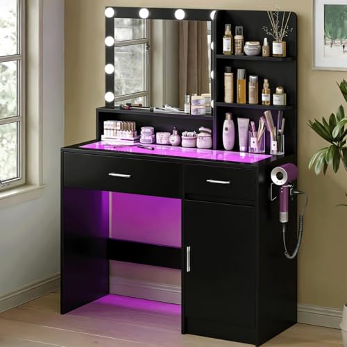 Modern Vanity Desk with Lighted Mirror, RGB Lighting, and Charging Station