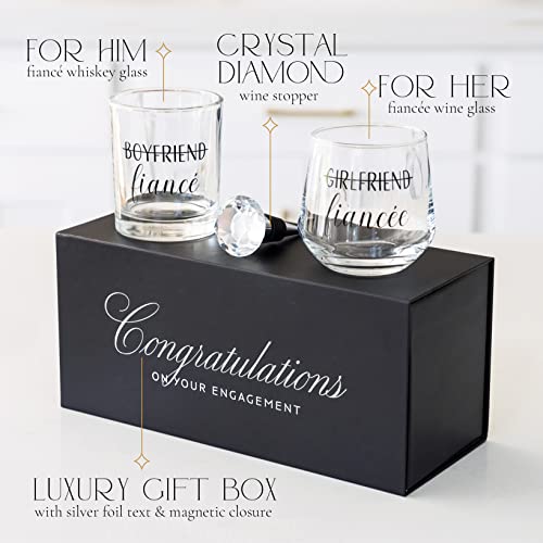 Engagement Gift Set for Couples with Whiskey Glass, Wine Glass & Stopper