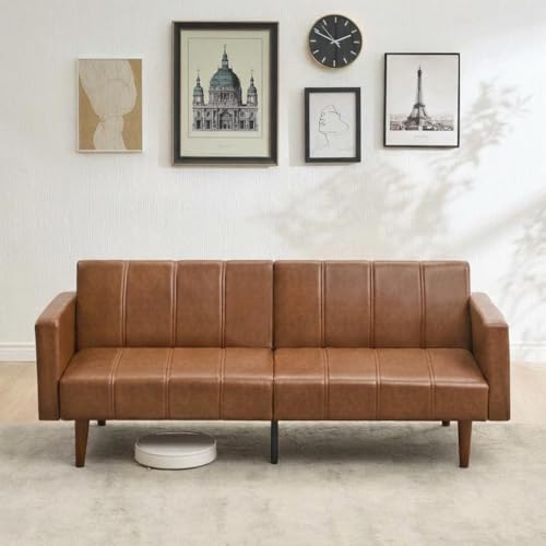 Convertible Futon Sofa Bed, 75-Inch Mid-Century PU Leather Sleeper Couch