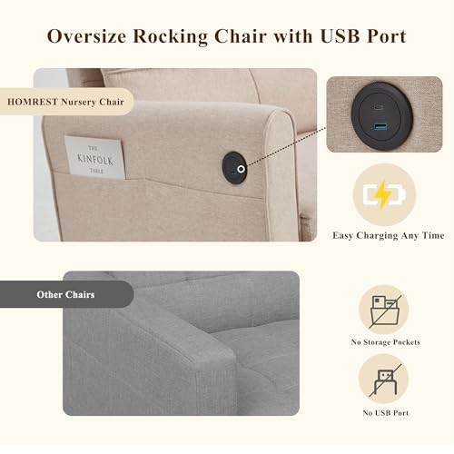 Oversized Upholstered Rocking Chair with USB Port and Side Pockets, Beige
