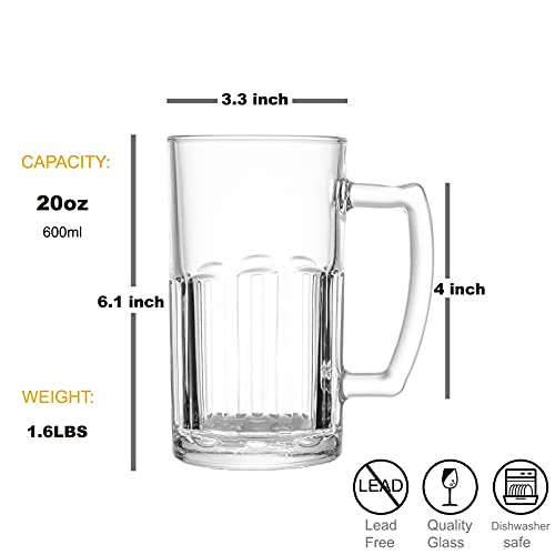 8-Pack 20 oz Heavy Glass Beer Mugs with Handle - Classic Beer Steins
