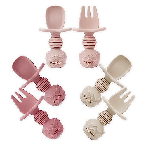 Silicone Baby Spoon and Fork Feeding Set Anti-Choke 6 Pack Pink