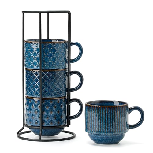 JH JIEMEI HOME Blue 15oz Ceramic Coffee Mug Set of 4 with Stand - Embossed, Stackable, Microwave & Dishwasher Safe