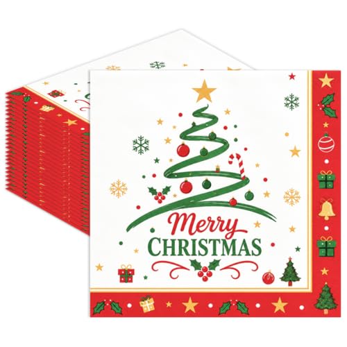 Christmas Tree Party Napkins - 50 Pack, 6.5 Inch Holiday Cocktail Paper Napkins