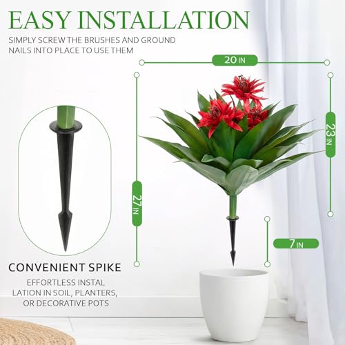 Artificial Agave Topiary Trees with Red Flowers, 27-Inch Outdoor Set of 2