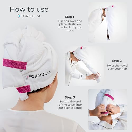 FORMUL-A Microfiber Hair Towel Wrap Anti-Frizz White/Pink Straps - Fast Dry & Gentle