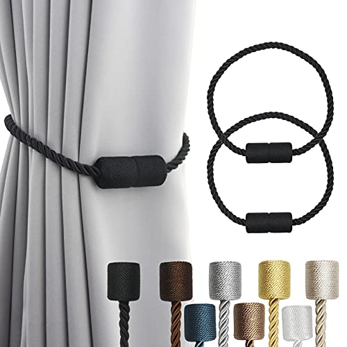 Magnetic Curtain Tiebacks 2 Pack - Black Woven Rope Holdbacks No Drill