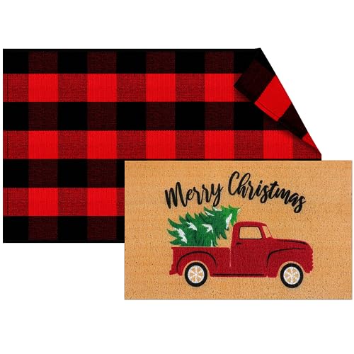 Christmas Door Mat Set with Plaid Rug - 2 Pieces, Holiday Welcome Mats