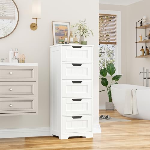 Slim Bathroom Storage Cabinet with 5 Drawers, Tall White Floor Organizer