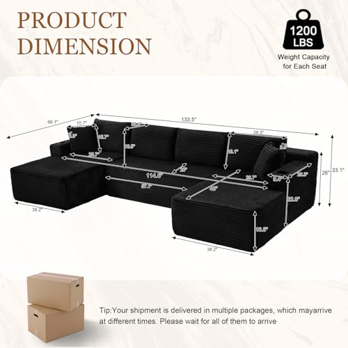 134-Inch Modular Sectional Sleeper Sofa, Corduroy U-Shaped Couch with Storage
