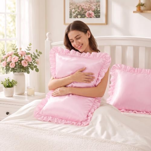 Ruffled Satin Pillow Shams - Blush Pink Standard 20x26 Inch Set of 2