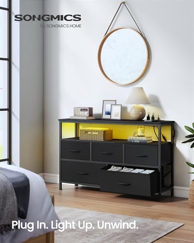 5-Drawer Dresser with LED Lights and Charging Station, Modern Storage Chest