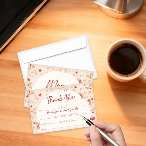 Holly and Snowflake Christmas Thank You Card Set with Envelopes - 20 Pcs