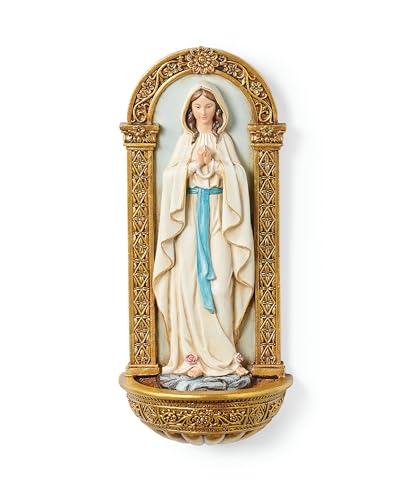 Our Lady of Lourdes Holy Water Font, 7.25-Inch Resin Religious Wall Decor