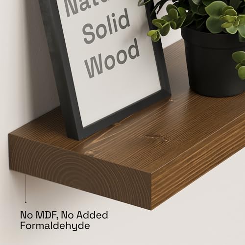24-Inch Solid Wood Floating Shelves - Set of 2, Rustic Walnut Wall Shelves