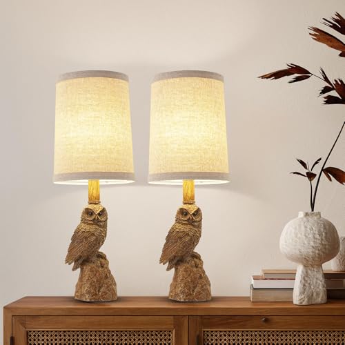 BW-2 Vintage White/Wood Owl Table Lamp with Linen Shade, Rocker Switch