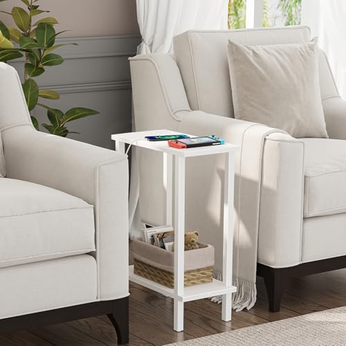 Narrow 2-Tier Side Table - Slim End Table & Nightstand for Small Spaces, White