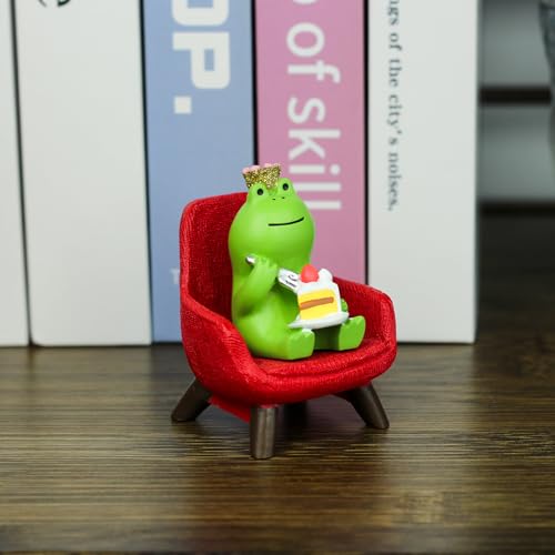 Miniature Frog Eating Cake Figurine on Red Sofa Desk Decoration