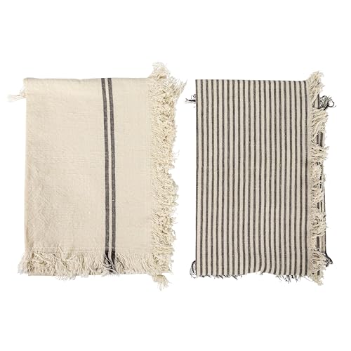 Large Woven Cotton Tea Towel with Stripes and Fringe Design for Kitchen, Natural and Black, Set of 2
