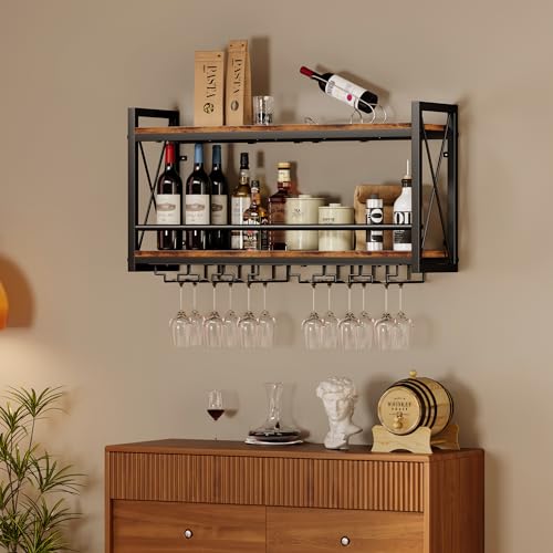 Wall Mounted Wine Rack with Glass Holder, Industrial Wood and Metal Shelf