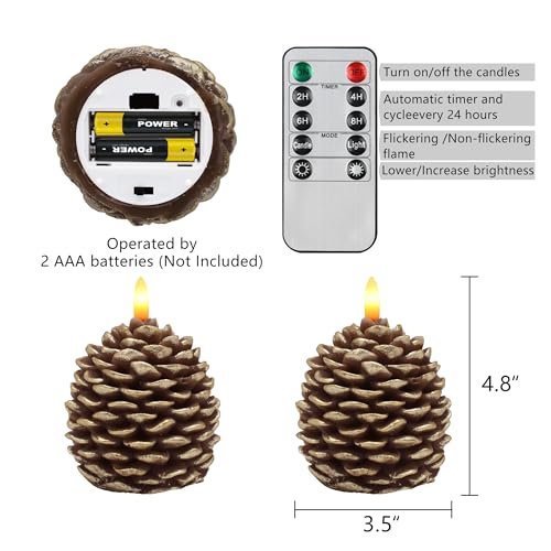 Pine Cone Candles (Golden-Brown) 4.8 in Battery-Operated 2-Pack w/ Remote & Timer - Flameless Pinecone Decor