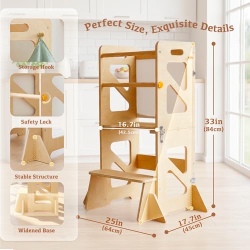 4-in-1 Foldable Toddler Learning Tower, Anti-Tip Kitchen Helper Stool