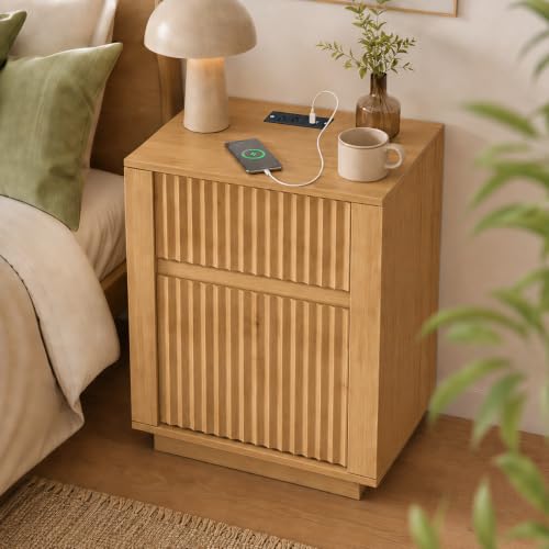 Modern Fluted Nightstand with Charging Station and Two Drawers