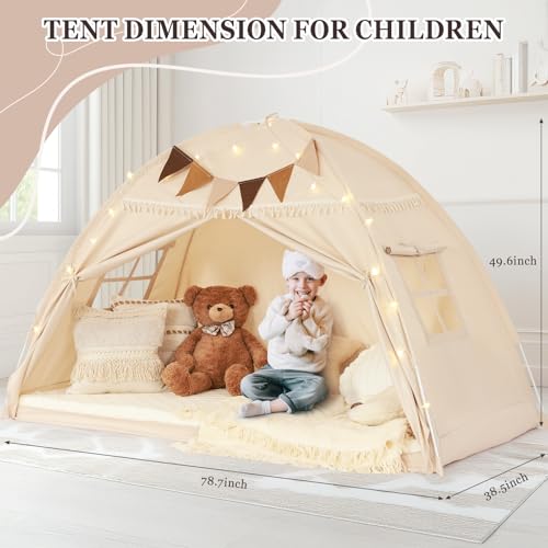 Twin Bed Tent Canopy for Kids with Flags & Star Lights - Portable Bedroom Privacy Tent