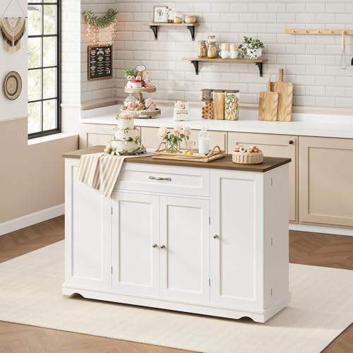 47-Inch Rolling Kitchen Island Cart with Storage Drawers & Shelves - White