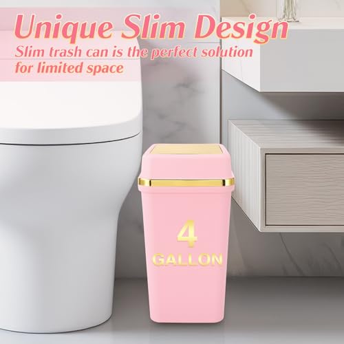 Pink Bathroom Trash Can with Lid and 150 Bags, 4 Gallon