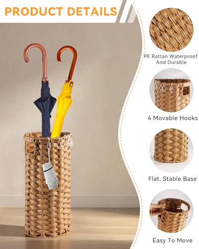 Woven Rattan Umbrella Stand with Drip Tray, Door Mat, and Hooks