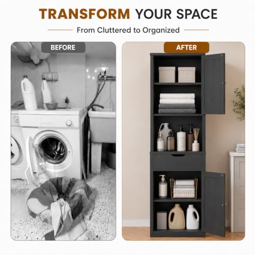 Walsunny Tall Bathroom Storage Cabinet with 6 Adjustable Shelves - Black / 1 Drawer