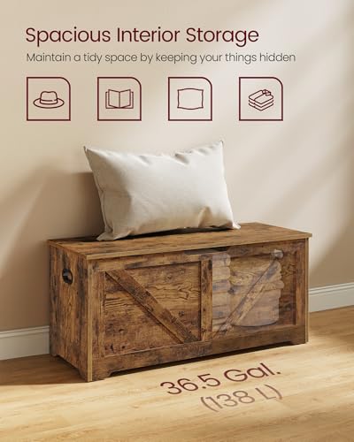 Rustic Wood Storage Chest with Safety Hinges - Large Entryway Bench