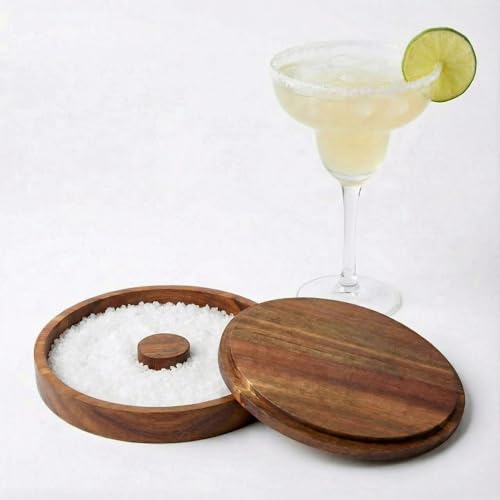 Acacia Wood Margarita Salt Rimmer Set with Lid - 5.9-inch Glass Rimmer for Cocktails & Bar Accessories