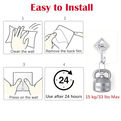 Large Adhesive Hooks 10-Pack - Transparent Wall Hangers for Christmas/Wreaths/Halloween, 33 lb Load, Traceless Hook for Keys & Towel
