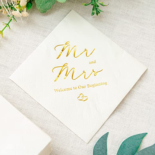 Gold Foil Mr & Mrs Wedding Cocktail Napkins 3-Ply 100 Count - Welcome Party Decor