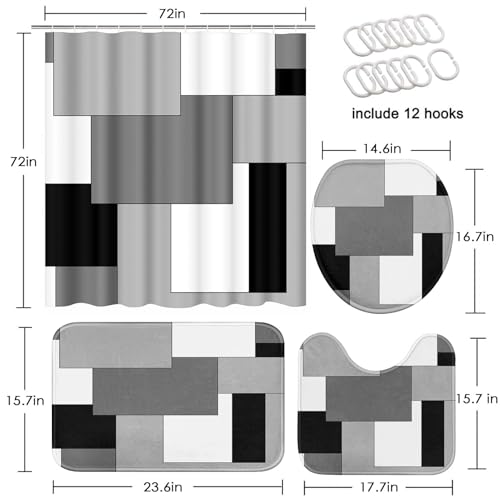 4-Piece Modern Geometric Bathroom Set with Shower Curtain and Non-Slip Rugs
